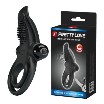   Pretty Love vibrátoros pénisz- és heregyűrű, fekete, szilikon, csiklóizgatós