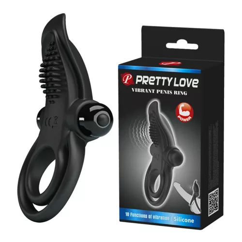 Pretty Love vibrátoros pénisz- és heregyűrű, fekete, szilikon, csiklóizgatós