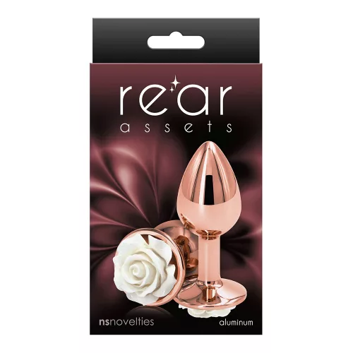 Rear Assets fém anál plug, rosegold, fehér rózsa dísz talp (kicsi)