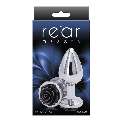 Rear Assets fém análdugó, ezüst, fekete rózsás talp (közepes)