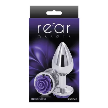   Rear Assets fém análdugó, ezüst, lila rózsás talp (közepes)