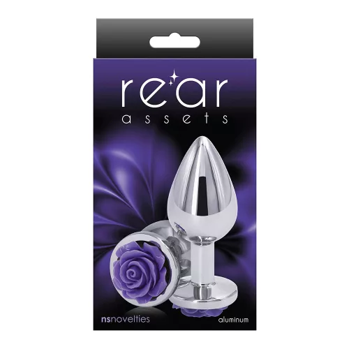 Rear Assets fém análdugó, ezüst, lila rózsás talp (közepes)