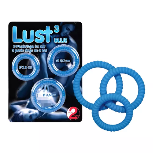 Lust 3 pénisz- és heregyűrű szett (kék)